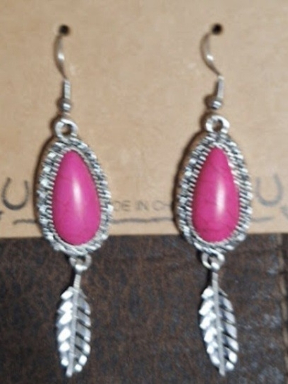 Wrangler Silver-tone Pink Teardrop Feather Dangle Earrings